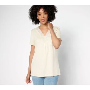 Fashion Women's Top Sz L Slub Knit Dot Trim White A691753